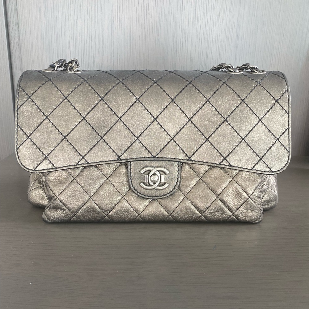 Chanel Metallic Pewter Quilted Shoulder Bag